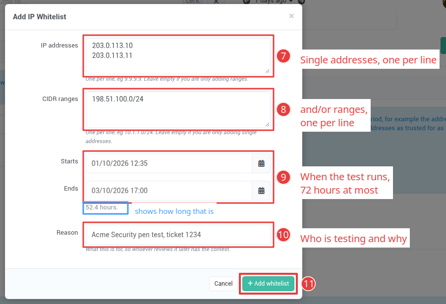 The Add IP Whitelist form, filled in