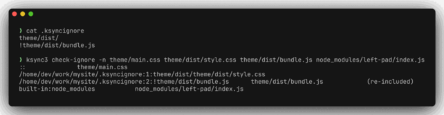 A terminal showing a .ksyncignore and ksync3 check-ignore reporting four paths: one matched nothing, one excluded by line 1, one re-included by line 2, and one excluded by a built-in rule