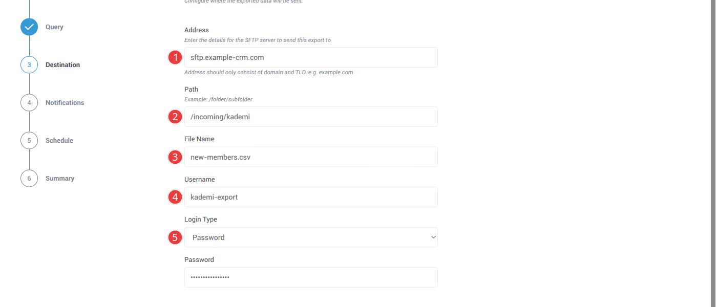 The Destination step for SFTP, with Address, Path, File Name, Username and Login Type numbered
