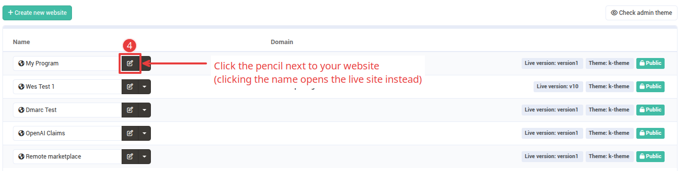 The list of websites, with the pencil button marked