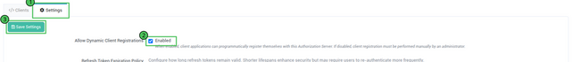 The OAuth2 Admin Server settings tab, with the Settings tab, the Allow Dynamic Client Registrations checkbox and the Save Settings button highlighted