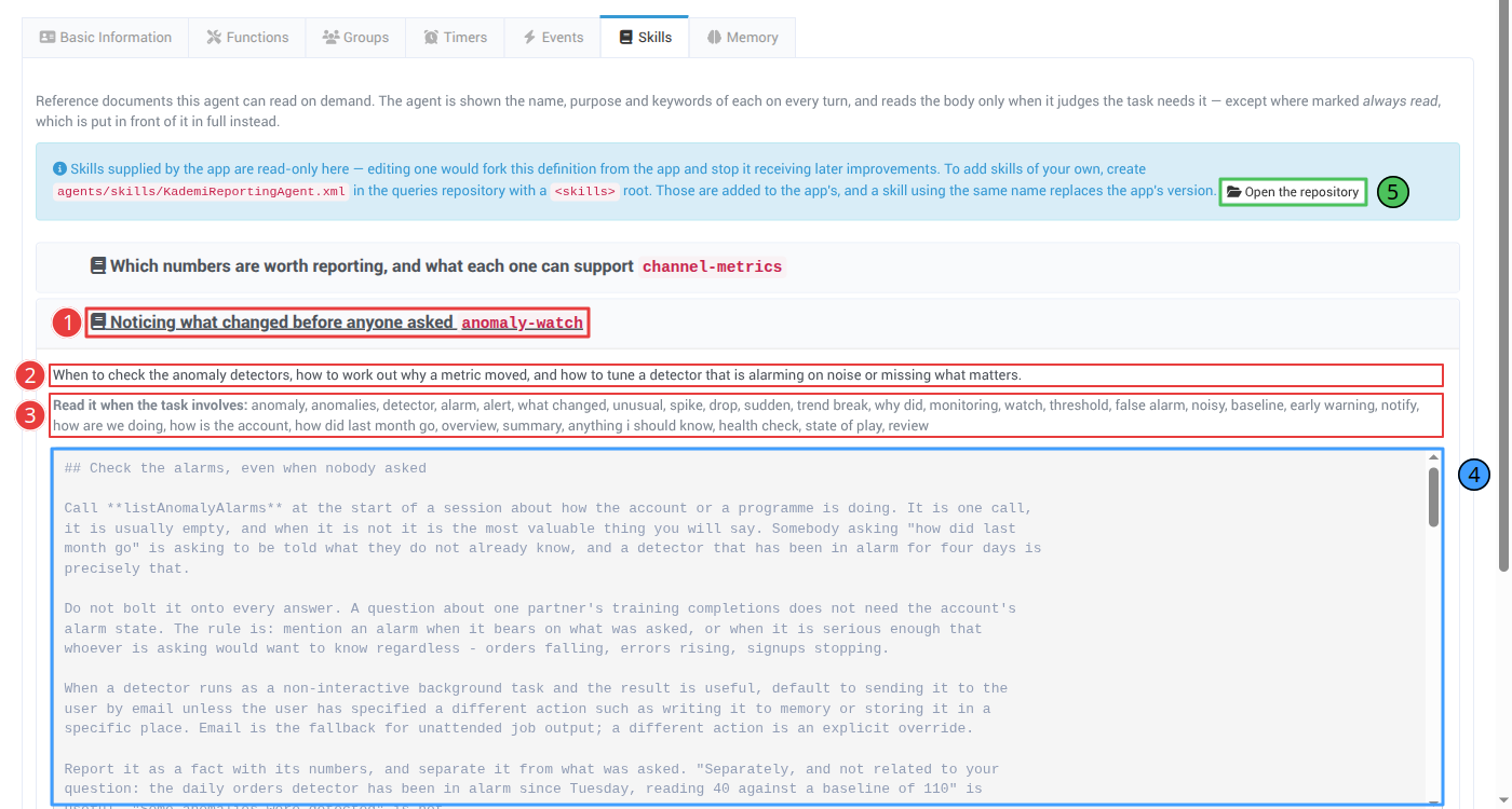 The Skills tab of the Reporting & Analytics specialist with the anomaly-watch skill expanded