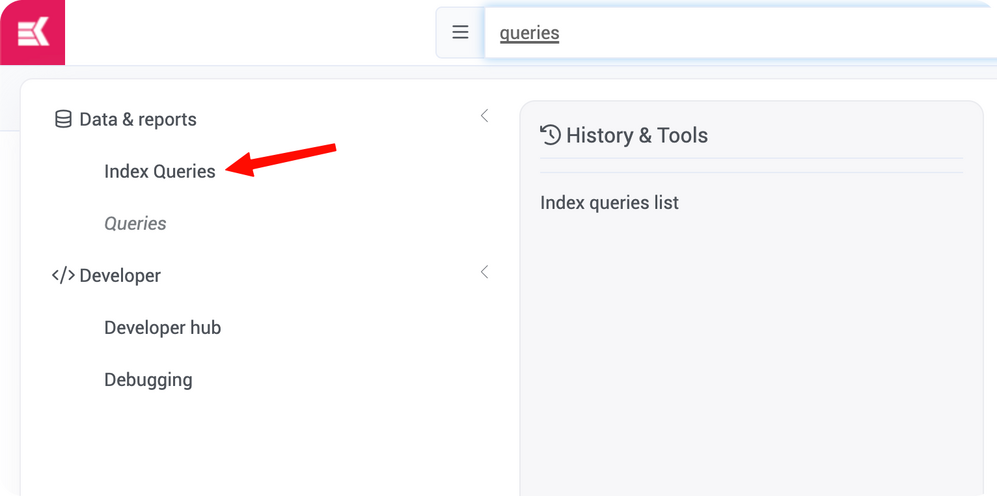 Admin menu open at Data & reports, with Index Queries highlighted