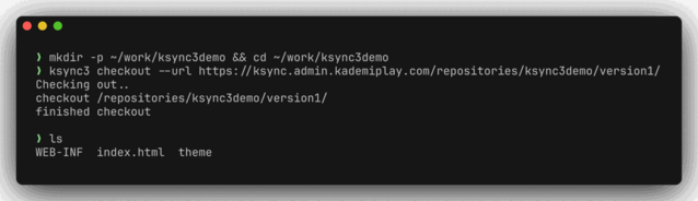 A terminal making a folder, running ksync3 checkout with a repositories url, printing finished checkout, and an ls showing WEB-INF, index.html and theme