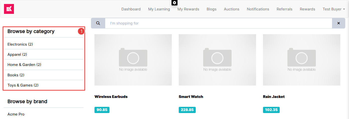 The store on the website, with Browse by category listing Electronics, Apparel, Home and Garden, Books and Toys and Games, but not Sports and Outdoors