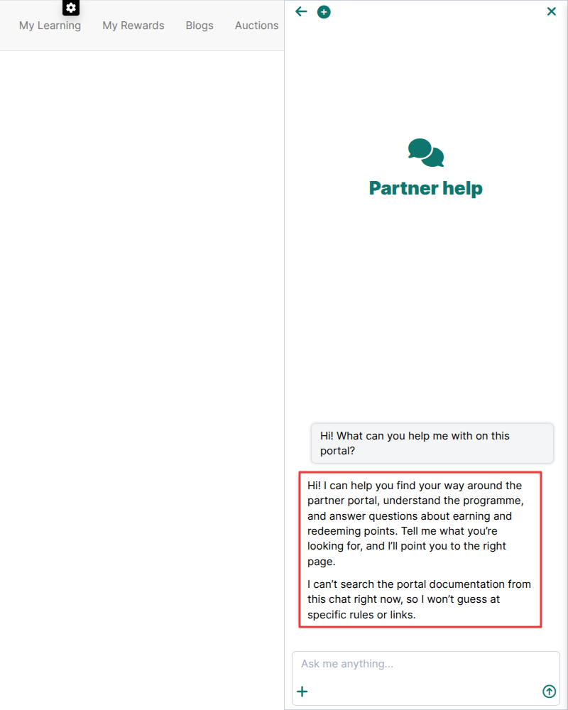 The Partner help sidebar on a website answering a partner's question