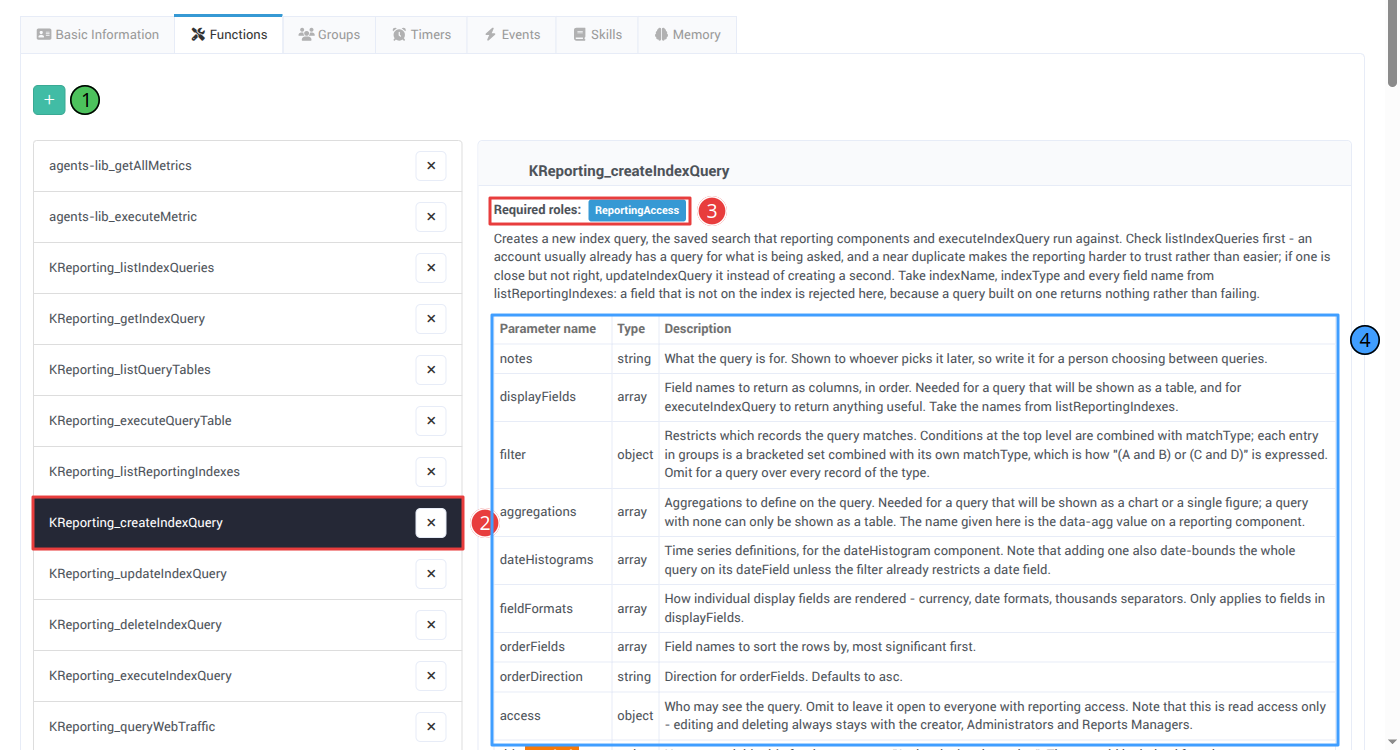 The Functions tab of the Reporting & Analytics specialist with KReporting_createIndexQuery selected
