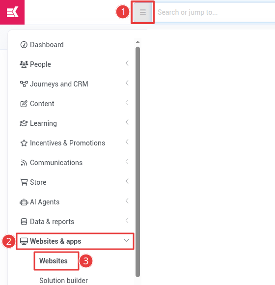 The main menu open at Websites and apps, then Websites