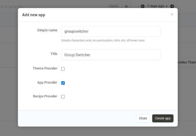 The Add new app dialog in the App Builder, with simple name groupswitcher, title Group Switcher and App Provider ticked