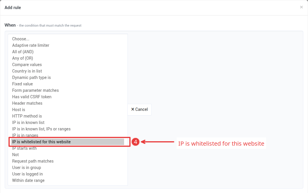 The list of conditions, with IP is whitelisted for this website chosen