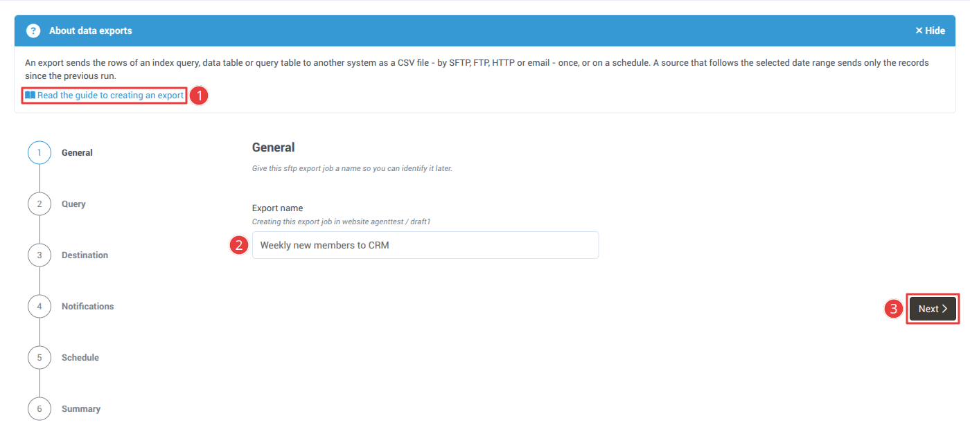 The General step, with the guide link, the export name and the Next button numbered