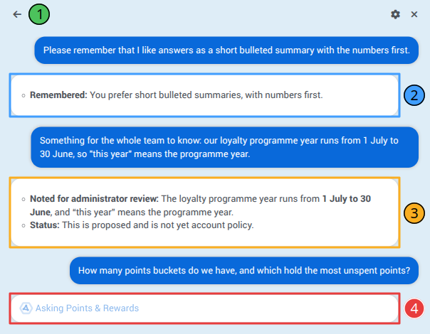 The Copilot panel showing a remembered preference, a proposed account fact and an Asking Points & Rewards progress line