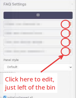 The FAQ Settings panel, with the edit button for each question circled