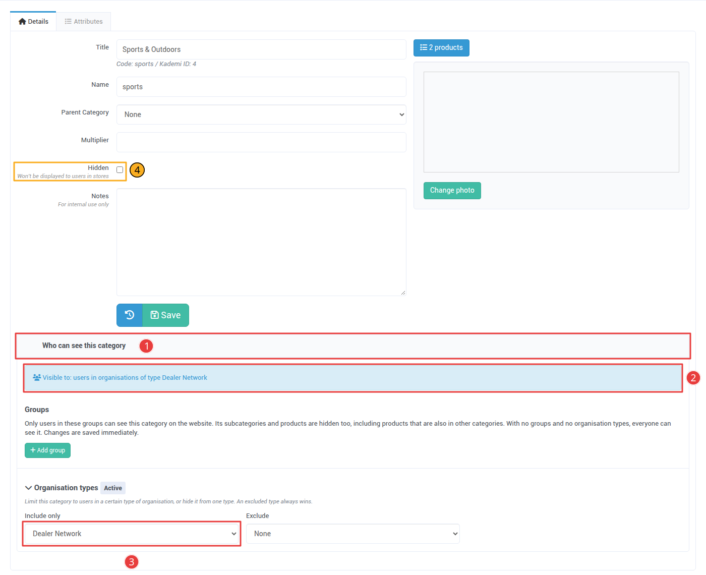 The Details tab of the Sports and Outdoors category, with the Who can see this category panel showing Visible to: users in organisations of type Dealer Network, and Include only set to Dealer Network
