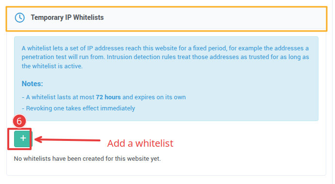 The Temporary IP Whitelists panel with its + button