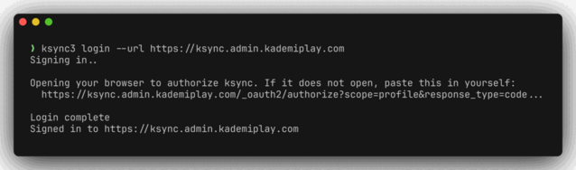 A terminal running ksync3 login, printing the authorize url it opened in the browser, then Login complete and Signed in