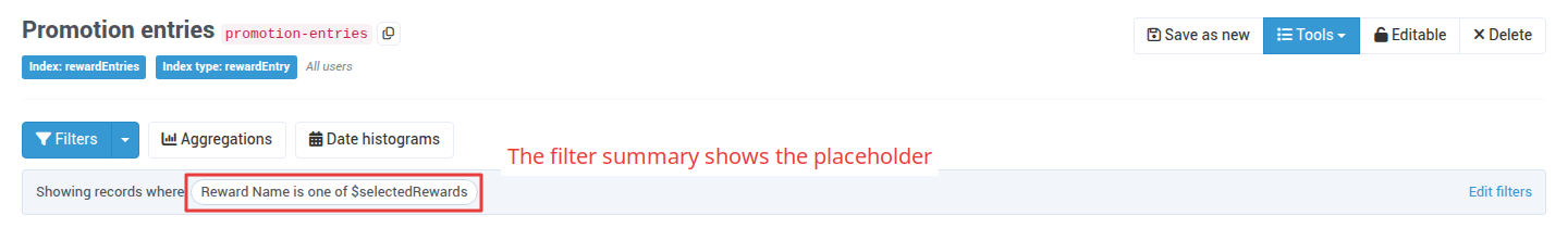 Filter summary showing Reward Name is one of $selectedRewards