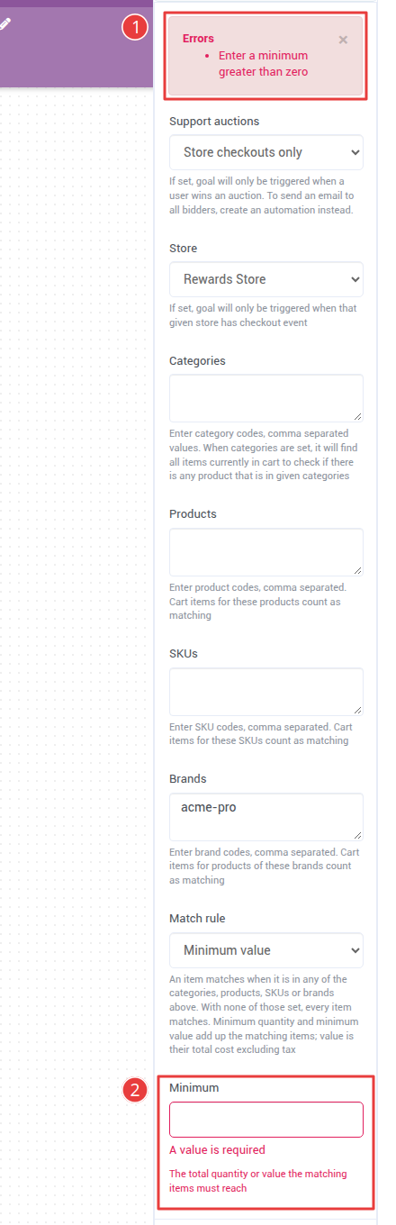 The Shopping Cart Goal settings with an error saying Enter a minimum greater than zero, and the empty Minimum field highlighted