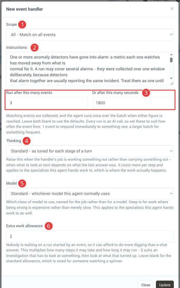 The event handler dialog with scope, instructions, buffering, thinking, model and extra work allowance