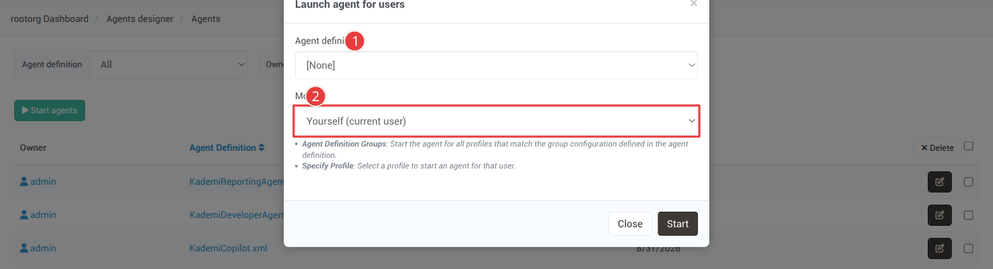 The Launch agent for users dialog with Agent definition and Mode