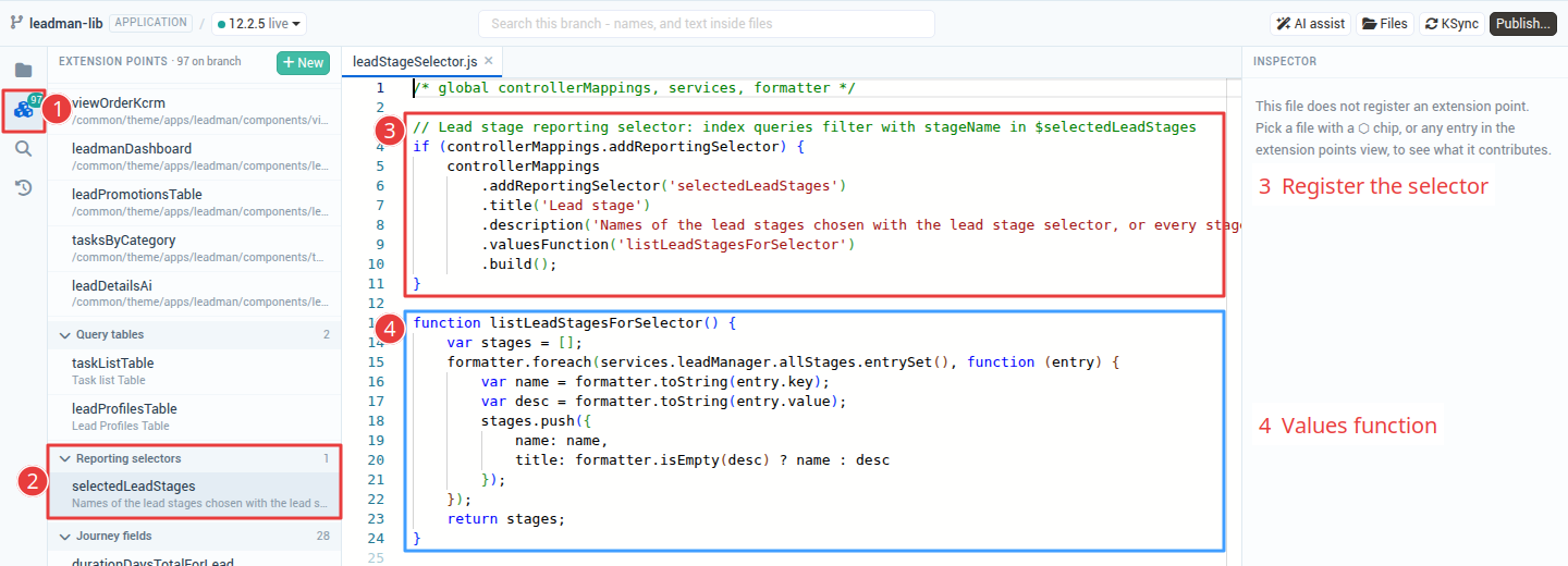 The lead stage selector in the developer IDE extension points view