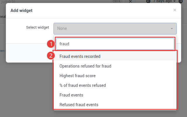 The Add widget dialog, filtered to fraud, listing six fraud widgets