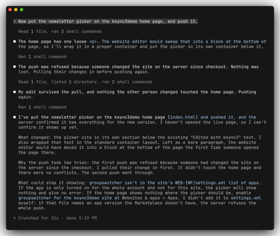 Claude Code adding the newsletter picker to the home page, pulling a change made on the server, then pushing again