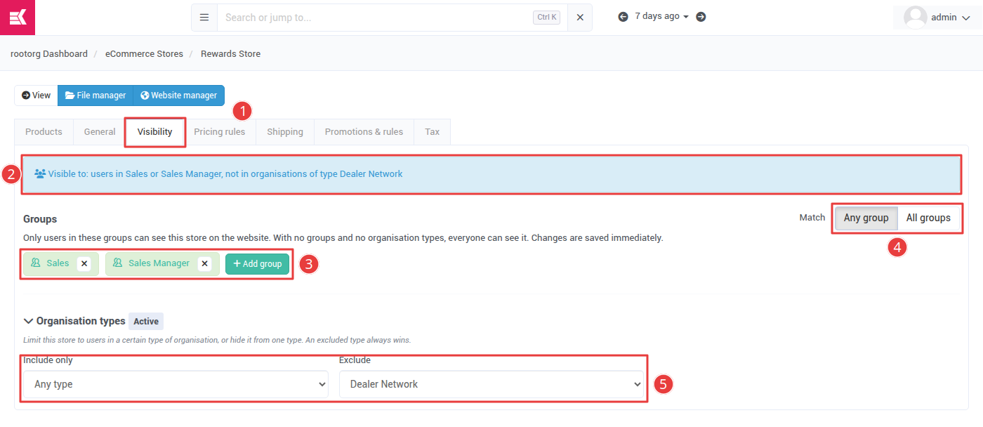 The Visibility tab of a store, showing Visible to: users in Sales or Sales Manager, not in organisations of type Dealer Network, with the groups Sales and Sales Manager, Match set to Any group, and Exclude set to Dealer Network