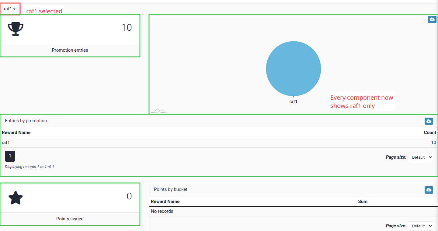 Reporting components filtered to the selected promotion