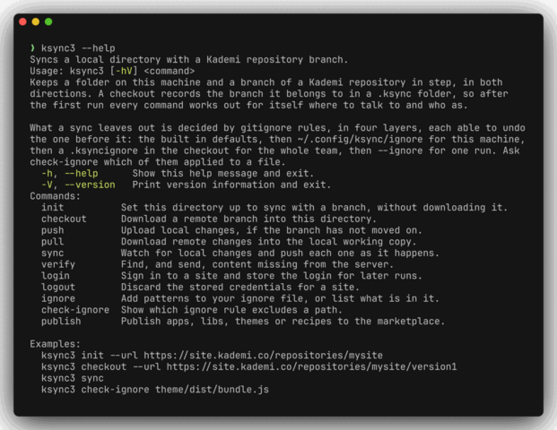A terminal showing ksync3 --help, listing the eleven commands with a short description of each