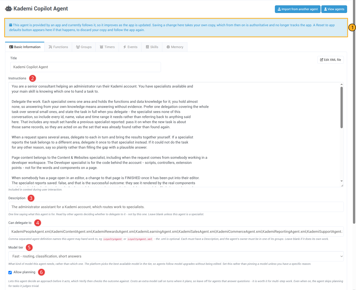 The Basic Information tab of the Kademi Copilot Agent definition