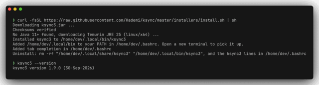 A terminal showing the install command downloading ksync3.jar, verifying checksums, downloading a Temurin JRE because no Java was found, installing the ksync3 command, and ksync3 --version reporting 1.9.0