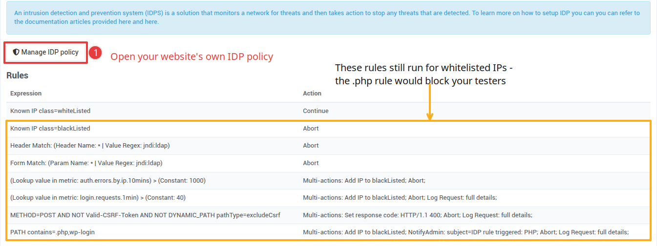 The Manage IDP policy button and the website's existing blocking rules