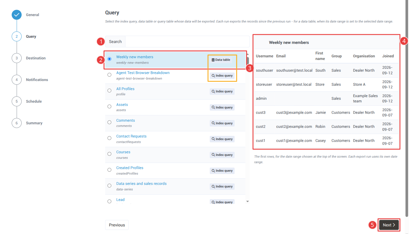 The Query step, with the search box, the selected data table, the type tags, the preview and the Next button numbered