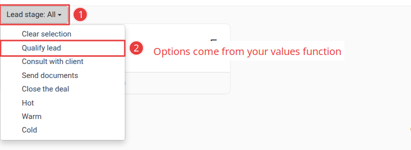 The lead stage dropdown on a website page