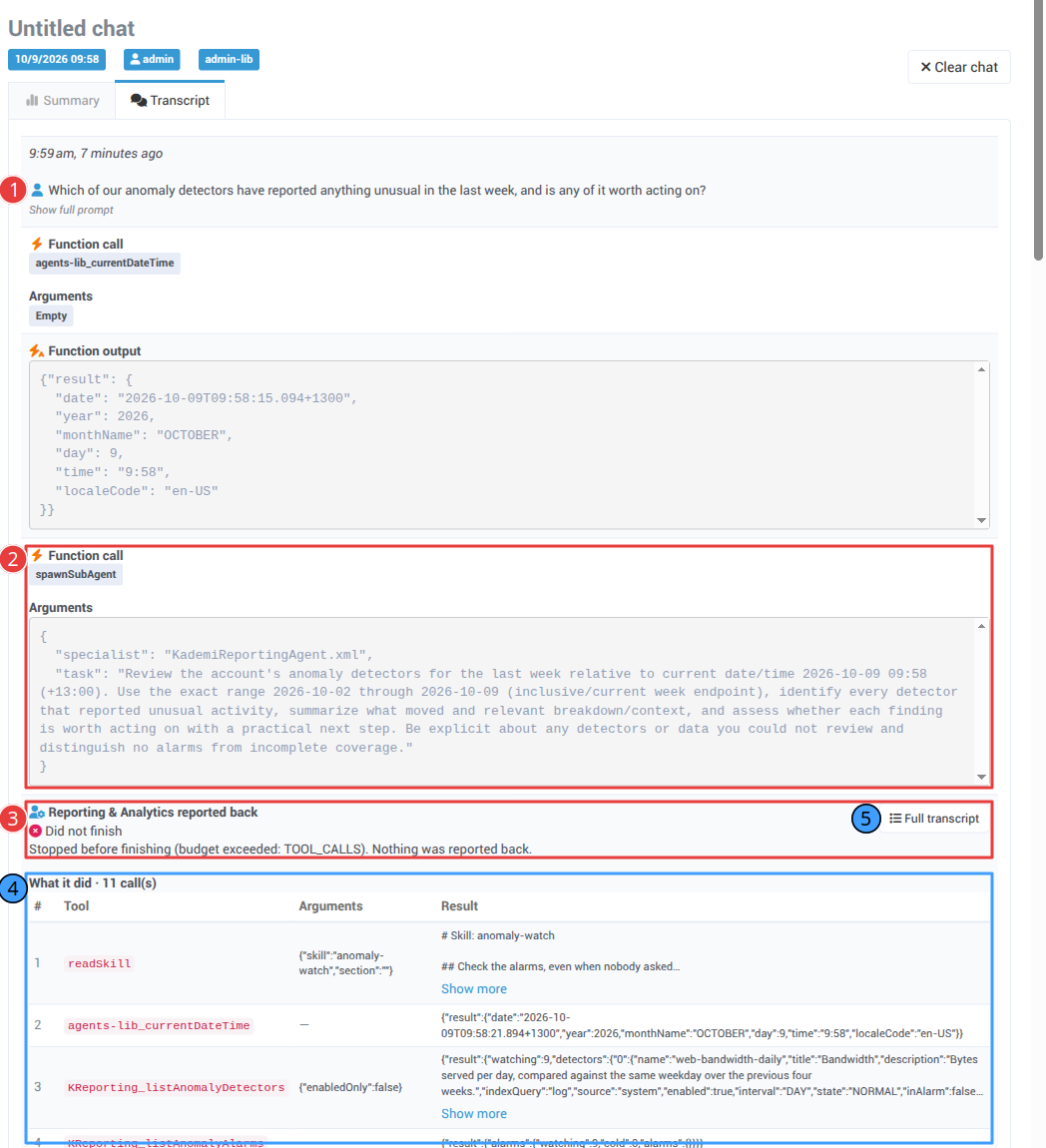 The transcript of a conversation showing the question, a spawnSubAgent call with its task, and the specialist's result