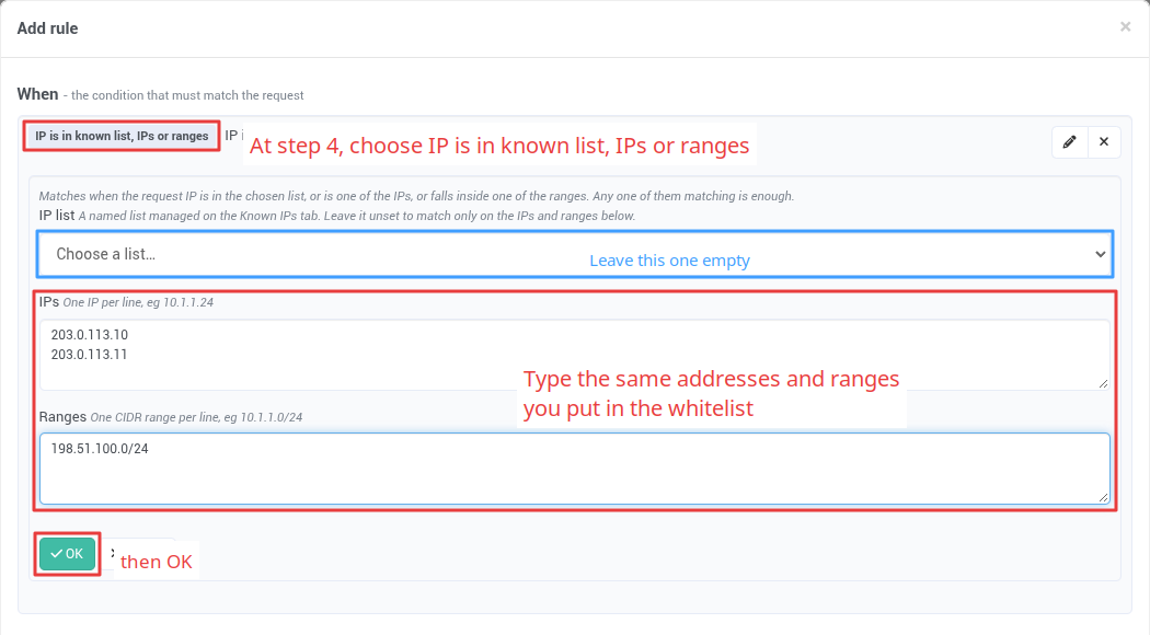The testers' addresses and ranges entered