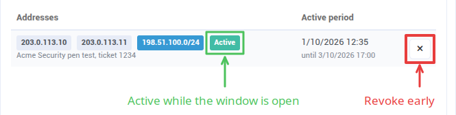 A saved whitelist showing the Active label and the remove button