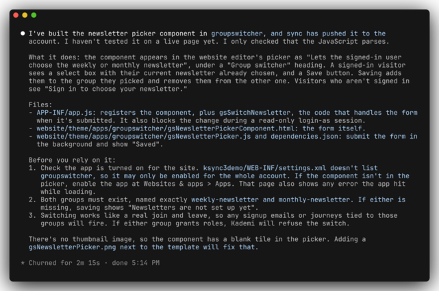 Claude Code describing the newsletter picker it built, the files it changed and what to check before relying on it