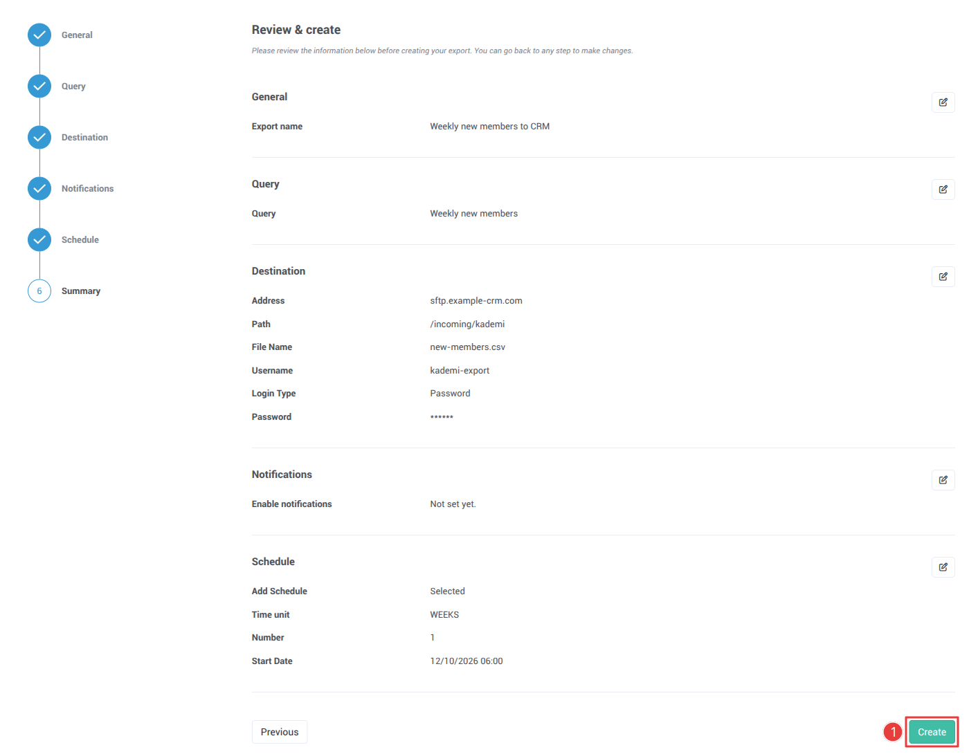 The Review and create step listing every setting, with the Create button highlighted