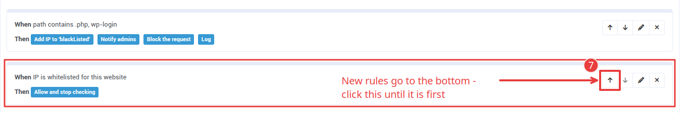 The new rule at the bottom of the list, with its up arrow marked