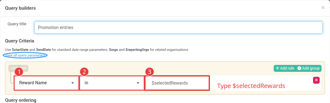 Index query filter rule using $selectedRewards