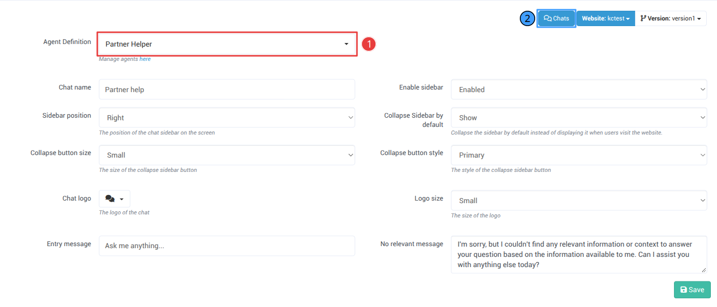 Partner Assistant settings for a website with Partner Helper chosen as the agent definition